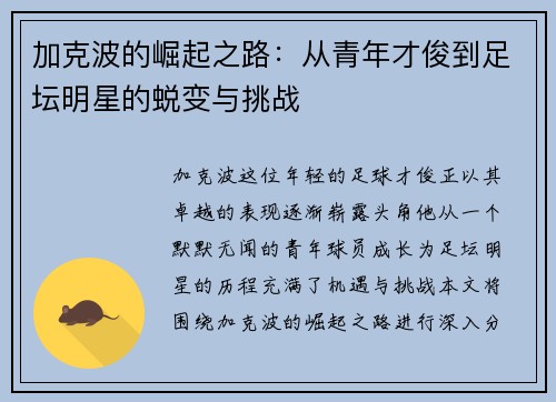 加克波的崛起之路：从青年才俊到足坛明星的蜕变与挑战